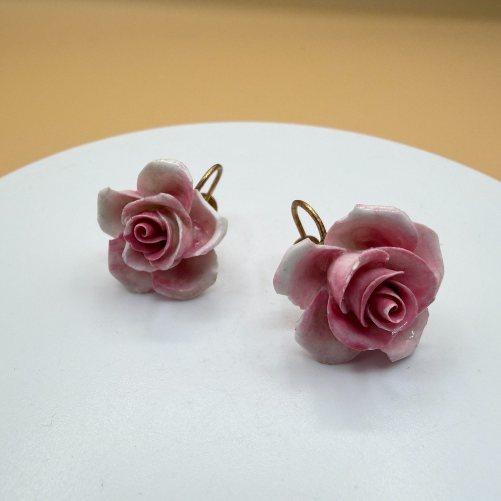Pink Porcelain Rose Screw Back Earrings Floral Cottagecore Vintage Romantic